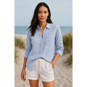Rails Womens Charli Cove Stripe Linen Blend Button Down Shirt Blue Large Coastal